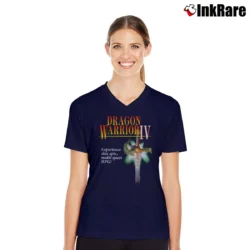 Women’s Dragon Warrior 4 Retro Game Graphic V-Neck Tee in navy | Chic Neckline, Soft Texture