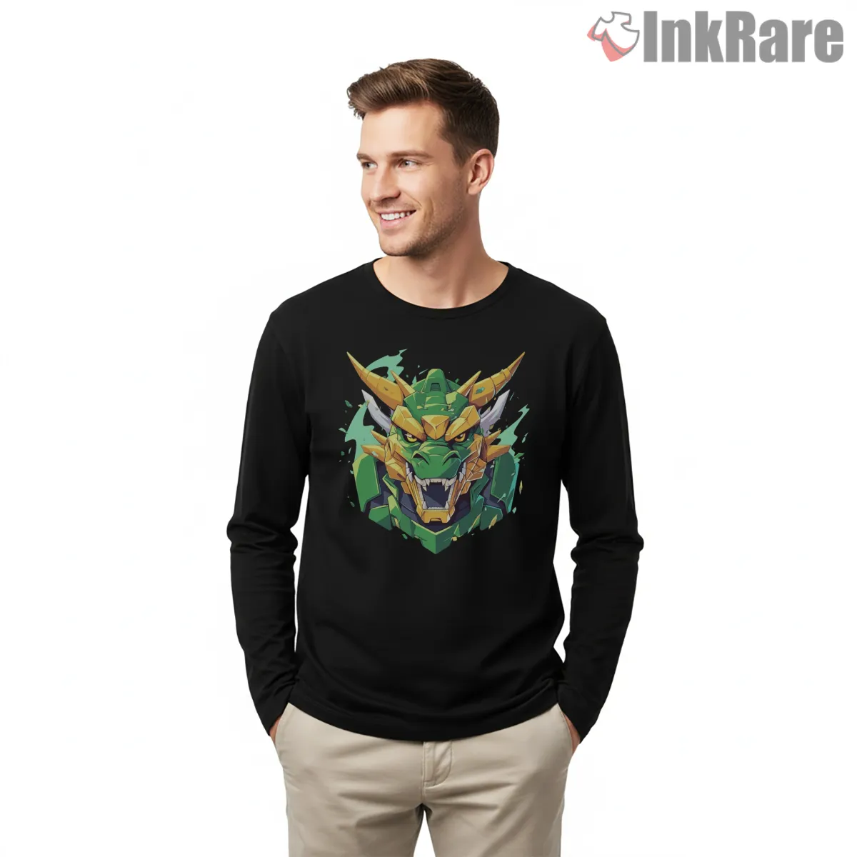 Dragonzord Emerald Mecha Guardian Helmet Shirt on black long sleeve shirt for men graphic tee