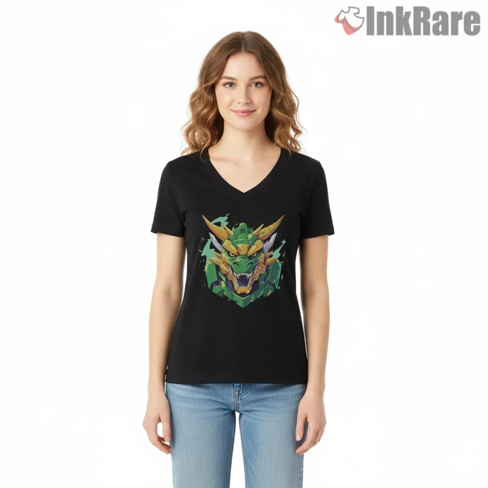 Dragonzord Emerald Mecha Guardian Helmet Shirt on black v-neck shirt for women graphic tee