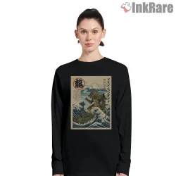 Dragonzord Japanese Wave Woodblock Art Shirt on black long sleeve shirt for women graphic tee