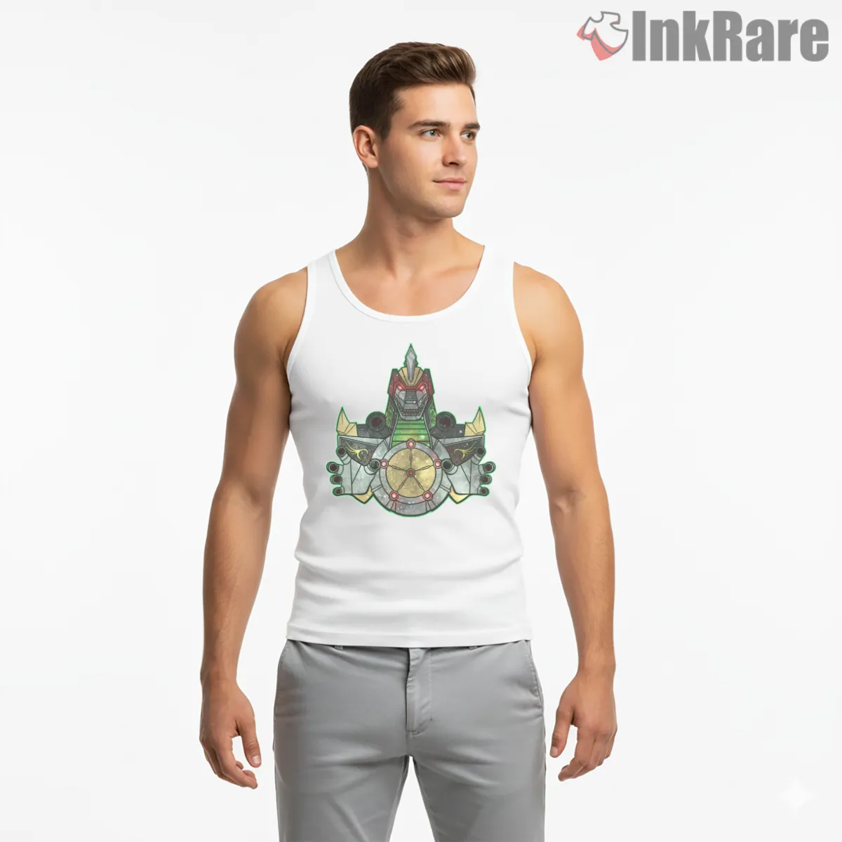 Dragonzord Mechanical Guardian Crest Tank Top White Dragonzord Mechanical Guardian Crest Shirt on white tank top for men graphic tee