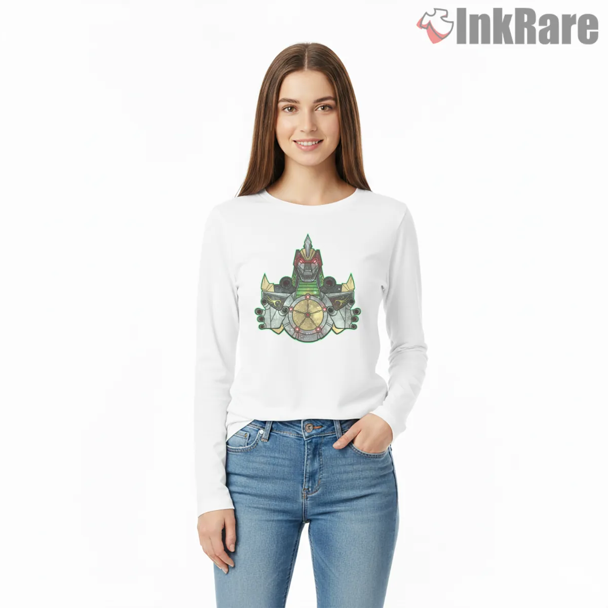 Dragonzord Mechanical Guardian Crest Long Sleeve White Dragonzord Mechanical Guardian Crest Shirt on white long sleeve shirt for women graphic tee