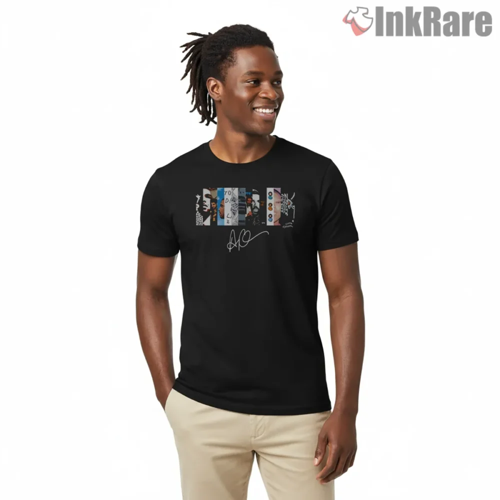 Drake Album Catalog Collage Shirt on black short sleeve shirt for men graphic tee