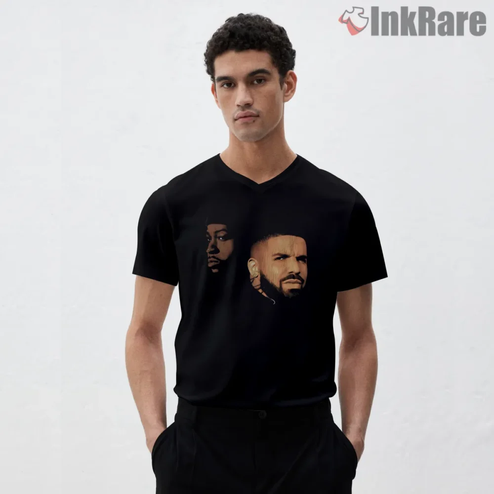 Drake And Partynextdoor Split Portrait Shirt on black v-neck shirt for men graphic tee