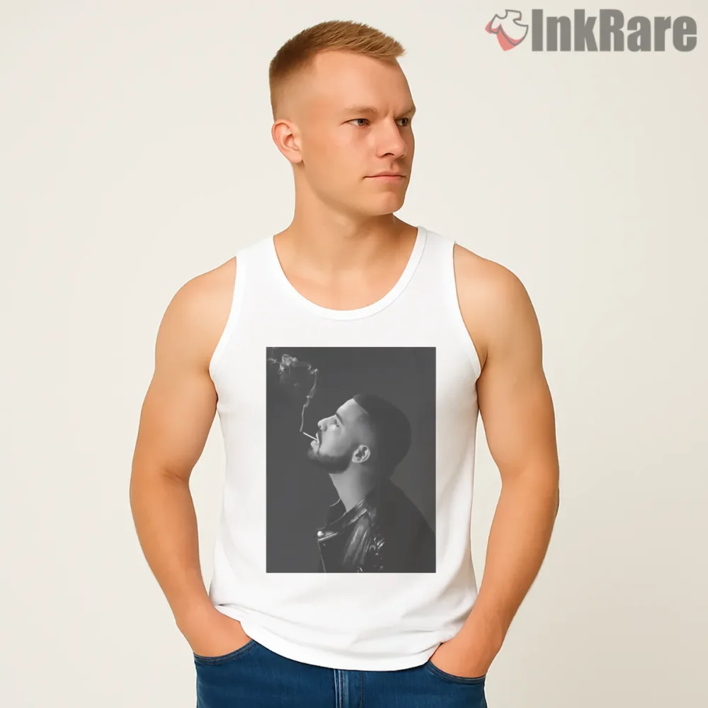 Drake Black And White Smoking Profile Shirt on white tank top for men graphic tee