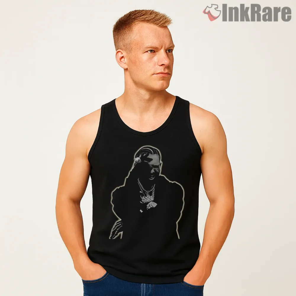 Drake Blackout Outline Portrait Shirt on black tank top for men graphic tee