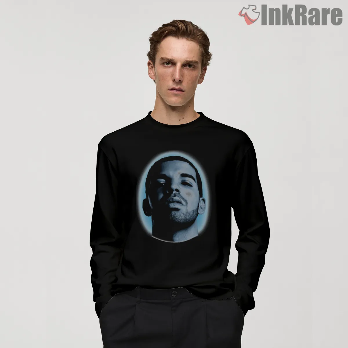 Drake Blue Halo Portrait Long Sleeve Black Drake Blue Halo Portrait Shirt on black long sleeve shirt for men graphic tee