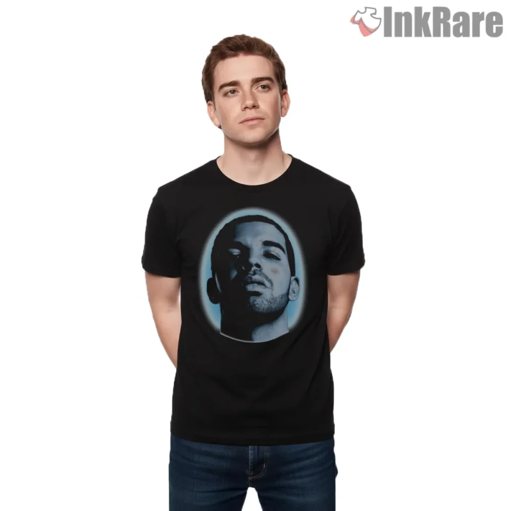 Drake Blue Halo Portrait Shirt on black short sleeve shirt for men graphic tee