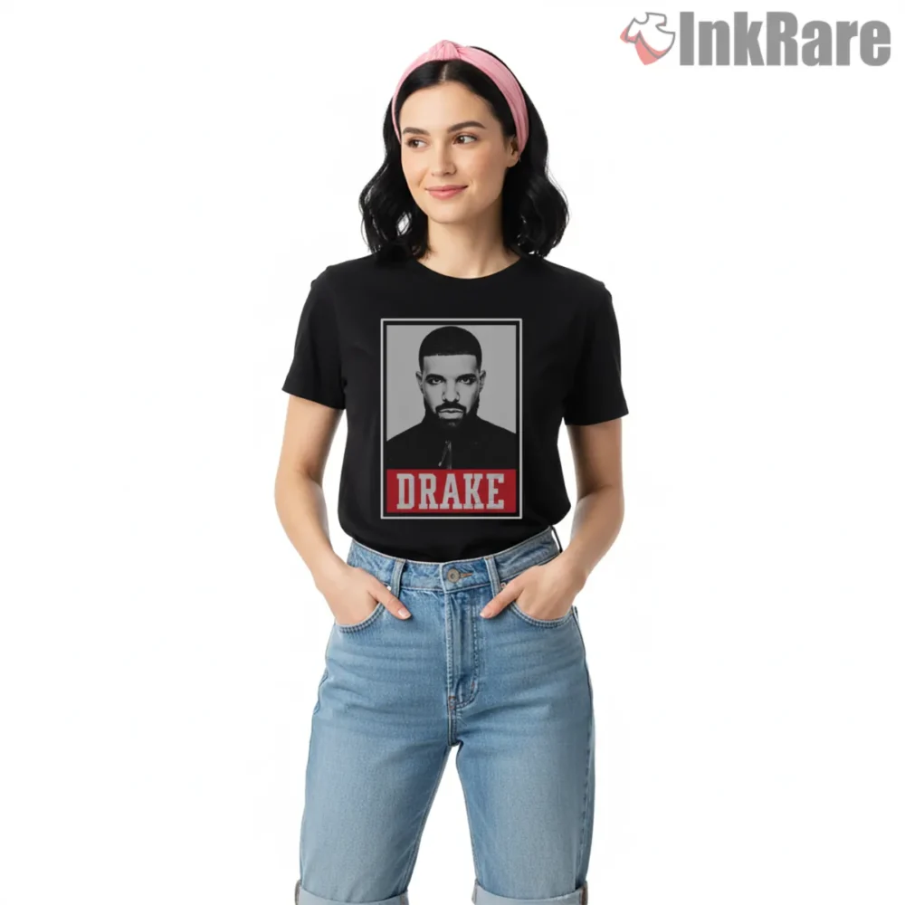 Drake Bold Monochrome Poster Shirt on black short sleeve shirt for women graphic tee