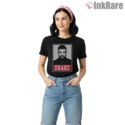 Drake Bold Monochrome Poster Shirt on black short sleeve shirt for women graphic tee