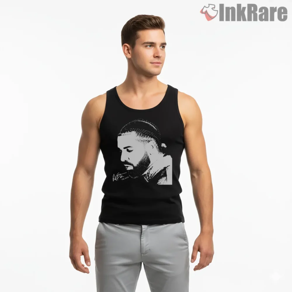 Drake Braided Portrait Monochrome Shirt on black tank top for men graphic tee