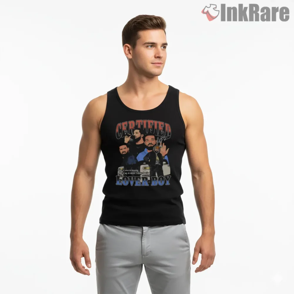 Drake Certified Lover Boy Cartoon Collage Shirt on black tank top for men graphic tee