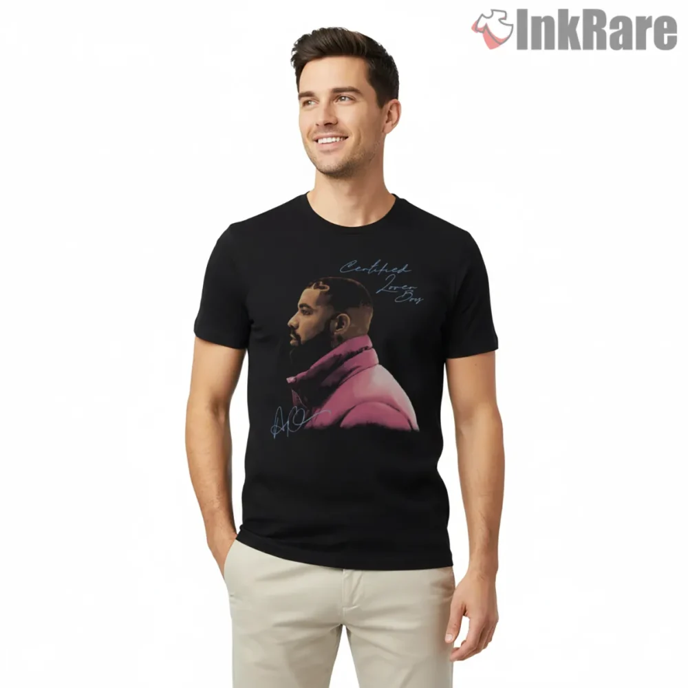 Drake Certified Lover Boy Pink Jacket Shirt on black short sleeve shirt for men graphic tee