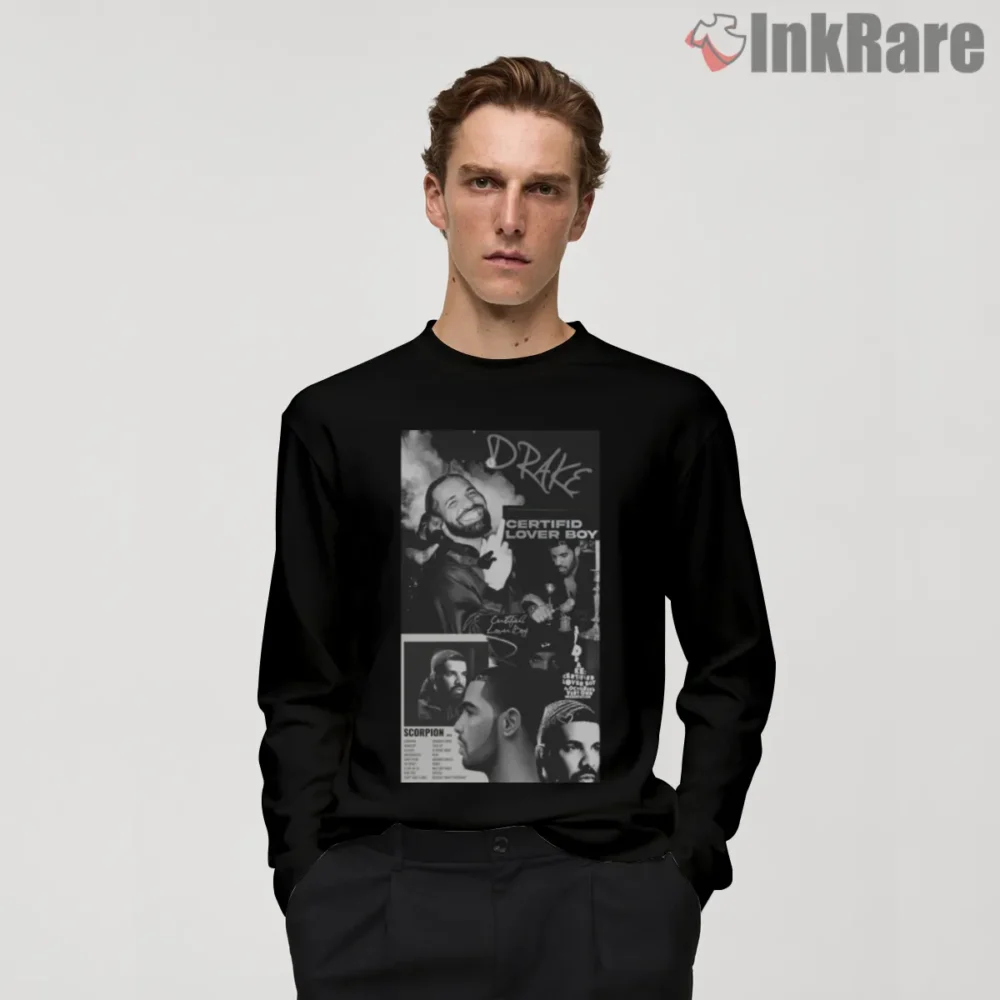 Drake Certified Lover Boy Vintage Collage Shirt on black long sleeve shirt for men graphic tee