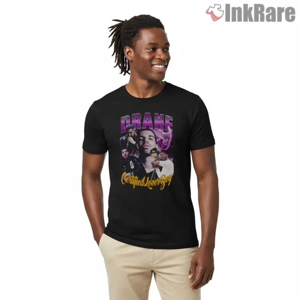 Drake Certified Lover Era Purple Collage Shirt on black short sleeve shirt for men graphic tee