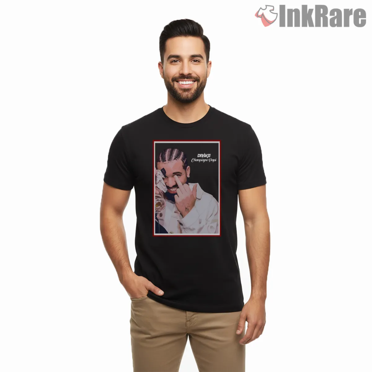 Drake Champagne Papi Playful Portrait Shirt on black short sleeve shirt for men graphic tee