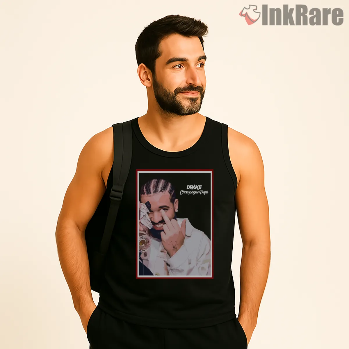 Drake Champagne Papi Playful Portrait Tank Top Black Drake Champagne Papi Playful Portrait Shirt on black tank top for men graphic tee