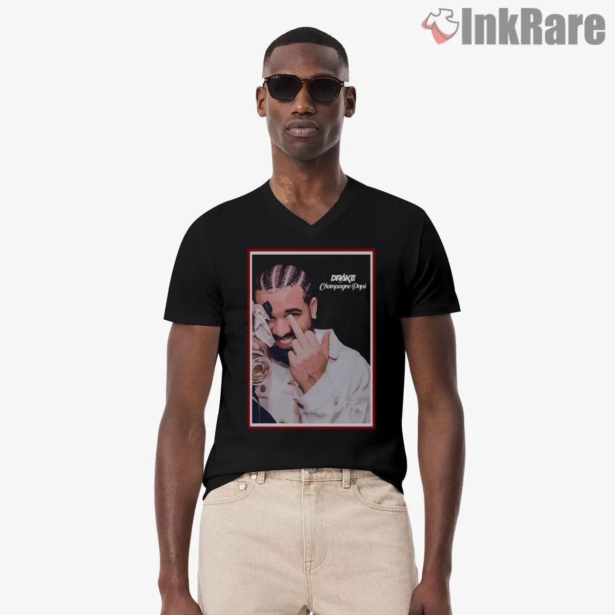 Drake Champagne Papi Playful Portrait V Neck Black Drake Champagne Papi Playful Portrait Shirt on black v-neck shirt for men graphic tee