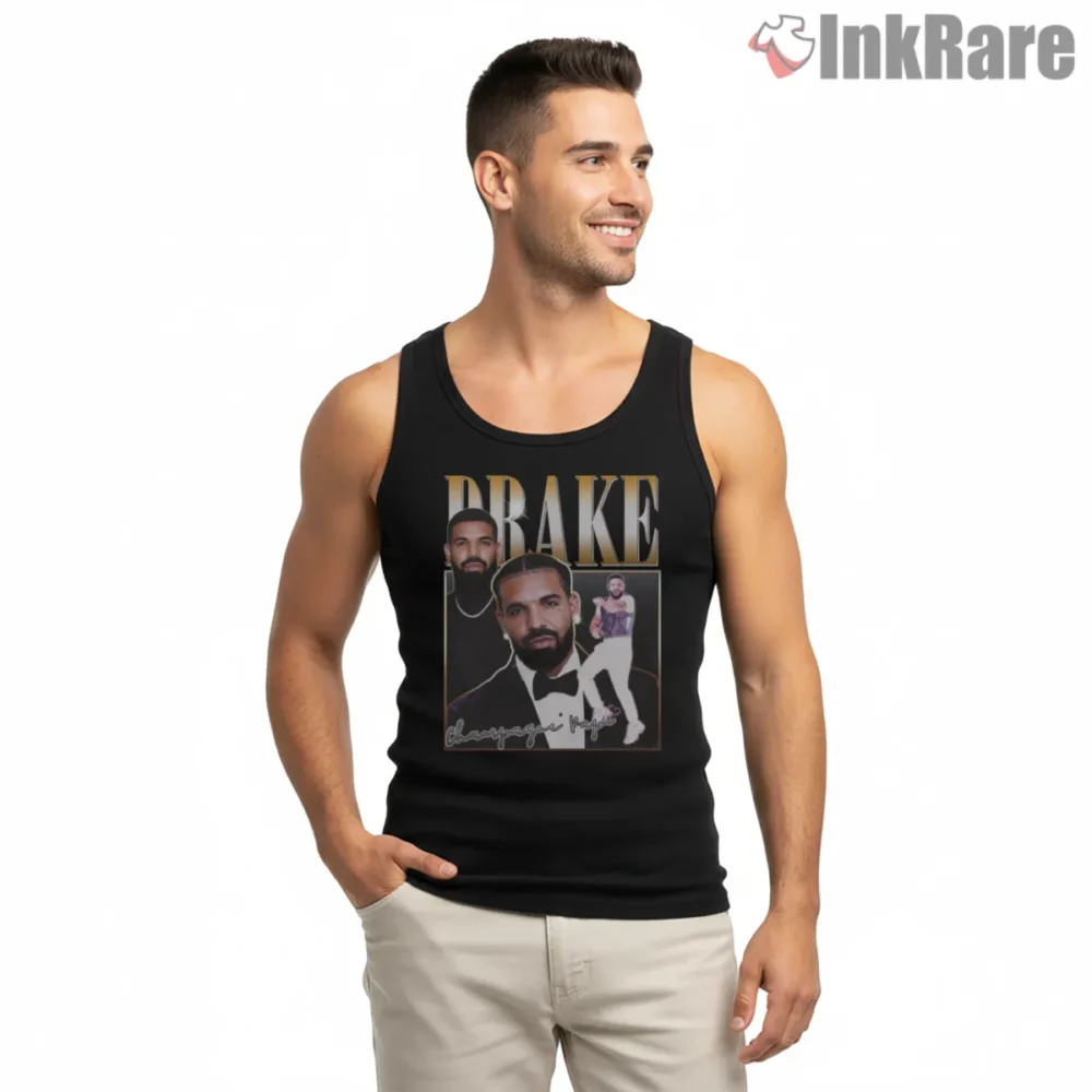 Drake Champagne Papi Retro 90s Poster Shirt on black tank top for men graphic tee