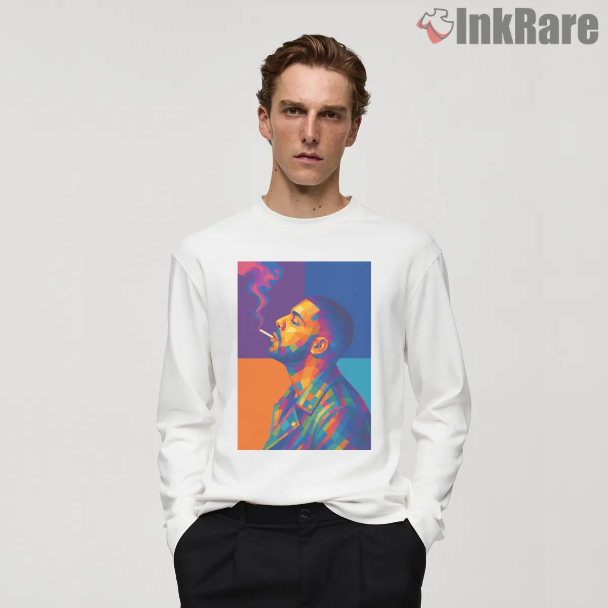 Drake Color Block Smoking Art Shirt on white long sleeve shirt for men graphic tee