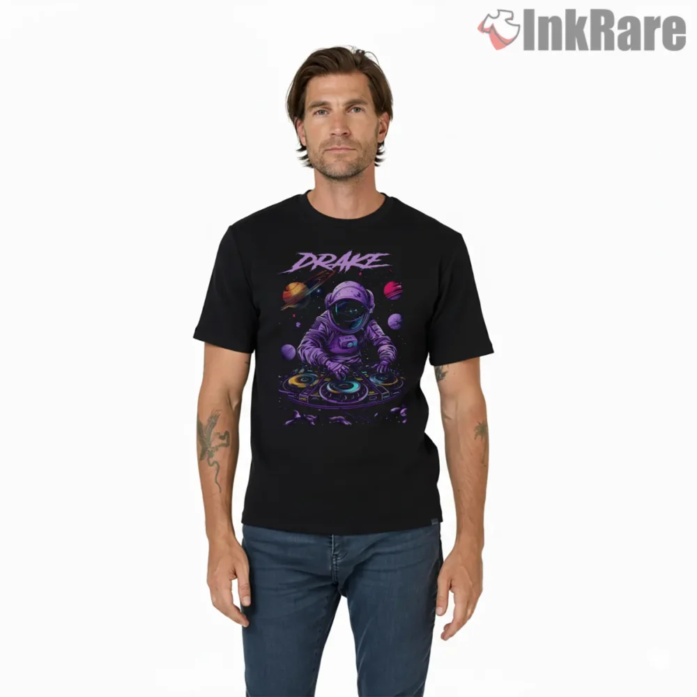 Drake Cosmic Dj Astronaut Fan Art Shirt on black short sleeve shirt for men graphic tee