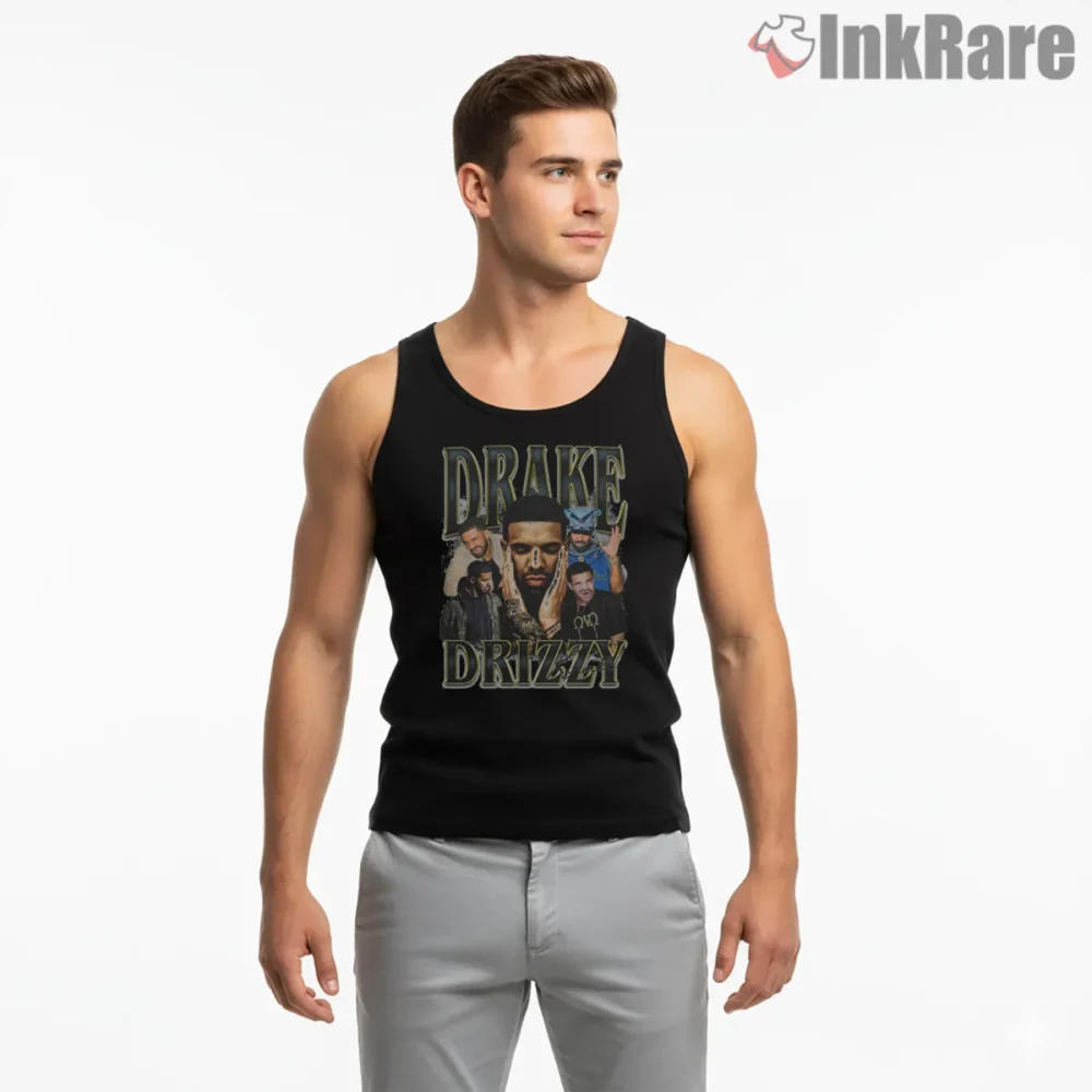Drake Drizzy Retro Bootleg Collage Shirt on black tank top for men graphic tee