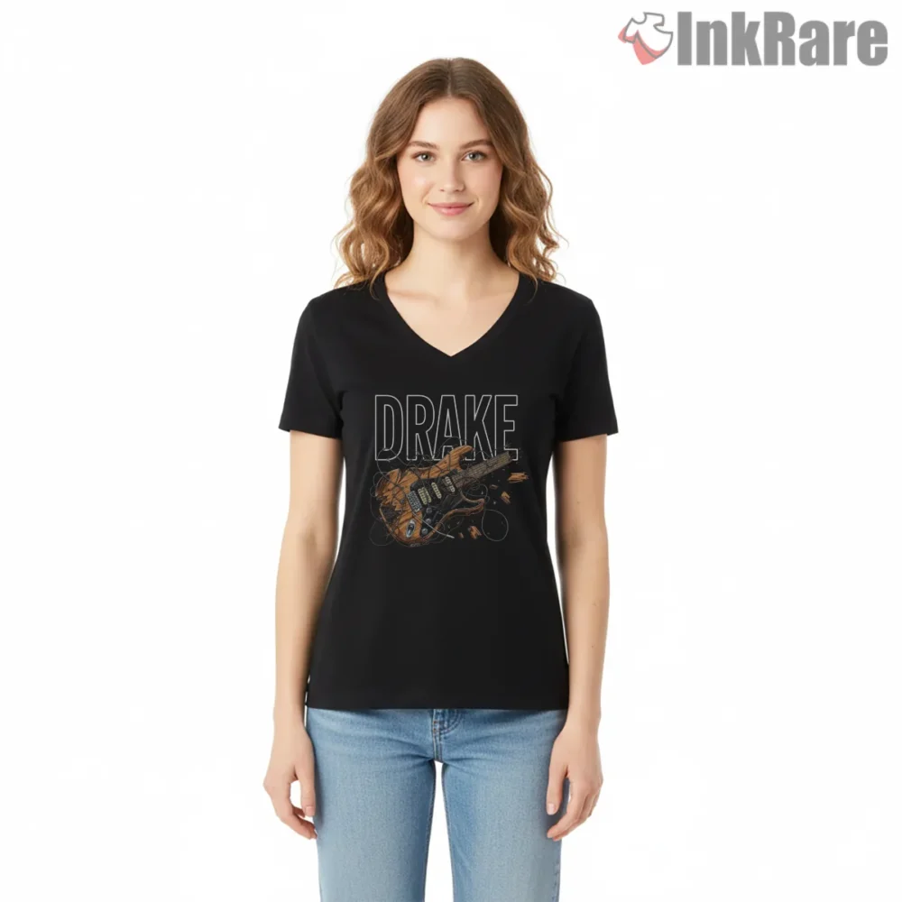 Drake Electric Guitar Stage Art Shirt on black v-neck shirt for women graphic tee