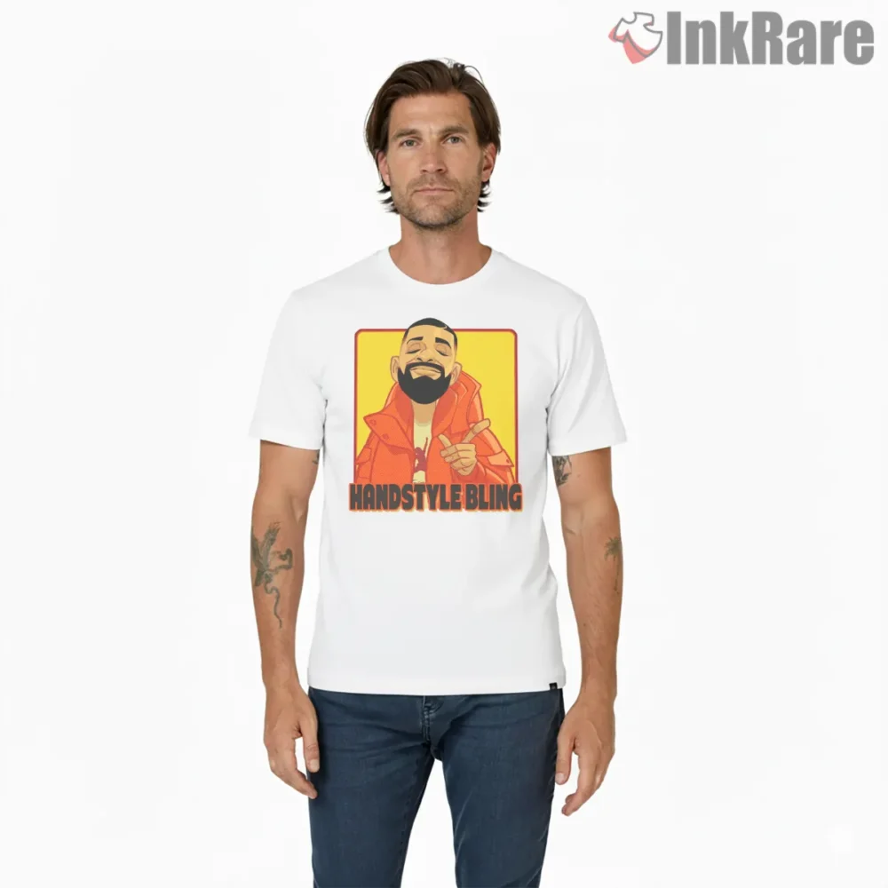 Drake Handstyle Bling Cartoon Shirt on white short sleeve shirt for men graphic tee