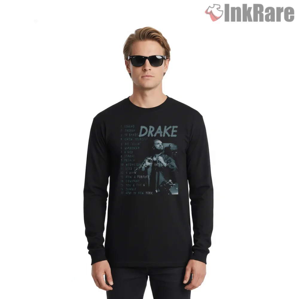 Drake Handwritten Tracklist Live Moment Shirt on black long sleeve shirt for men graphic tee