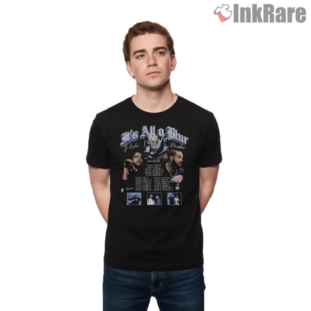 Drake J Cole Its All A Blur Tour List Shirt on black short sleeve shirt for men graphic tee