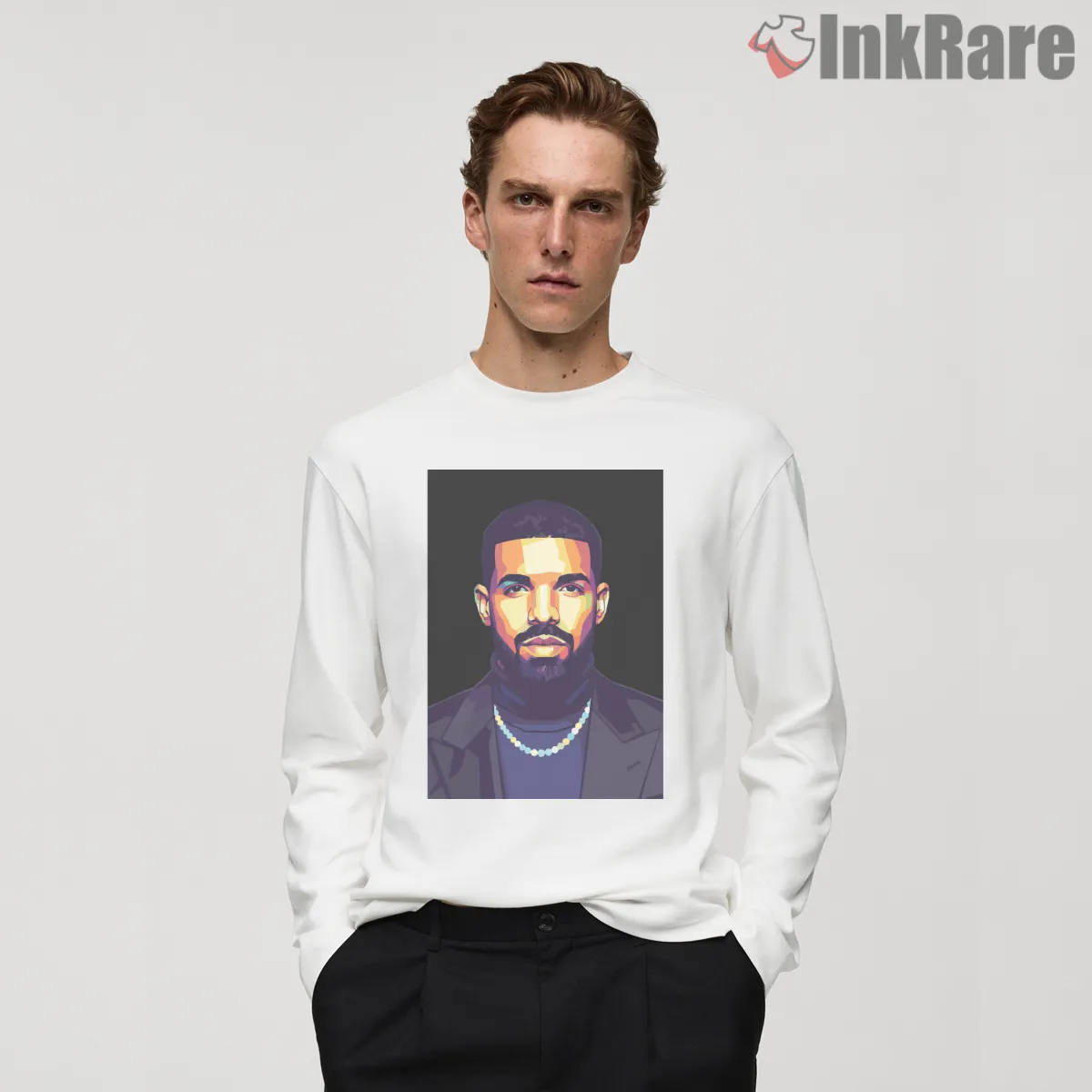 Drake Midnight Minimal Portrait Shirt on white long sleeve shirt for men graphic tee