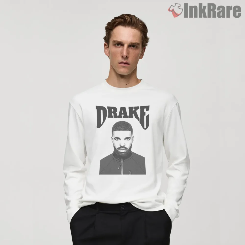 Drake Monochrome Logo Front Portrait Shirt on white long sleeve shirt for men graphic tee