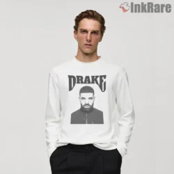 Drake Monochrome Logo Front Portrait Shirt on white long sleeve shirt for men graphic tee