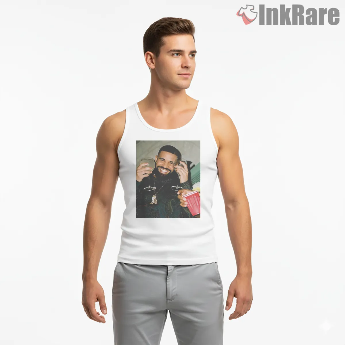 Drake More Life Celebration Portrait Tank Top White Drake More Life Celebration Portrait Shirt on white tank top for men graphic tee