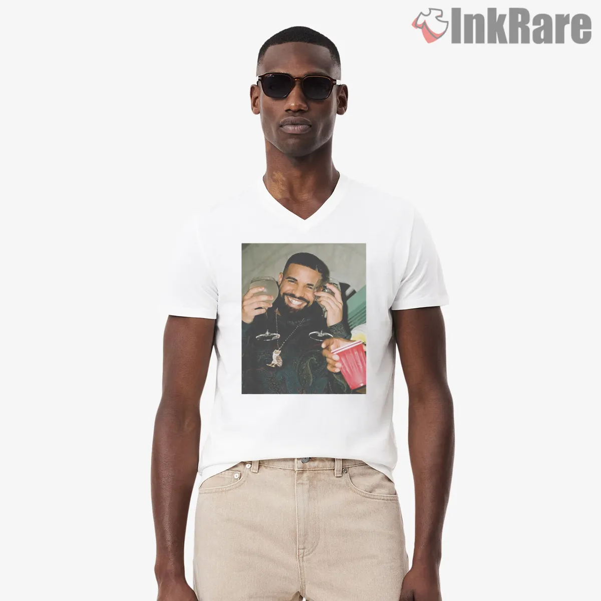 Drake More Life Celebration Portrait V Neck White Drake More Life Celebration Portrait Shirt on white v-neck shirt for men graphic tee