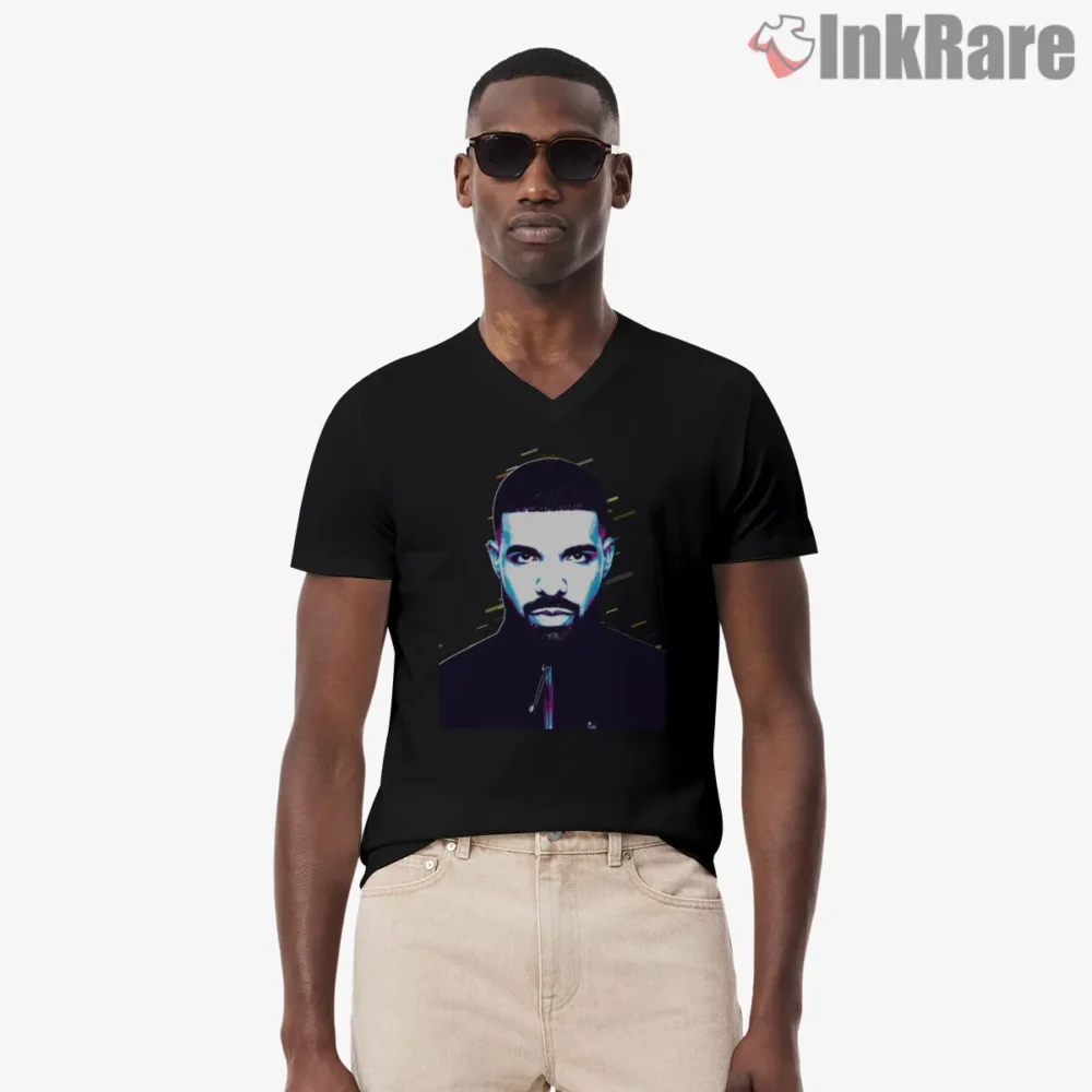 Drake Neon Halo Electric Portrait Shirt on black v-neck shirt for men graphic tee