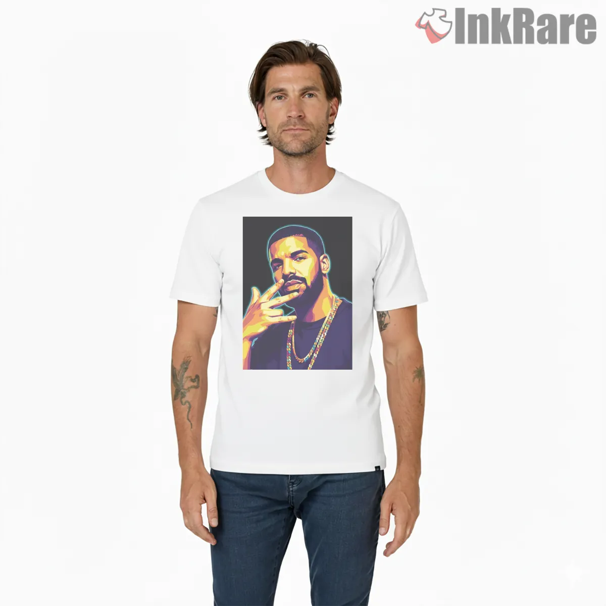 Drake Neon Hand Gesture Portrait Shirt on white short sleeve shirt for men graphic tee