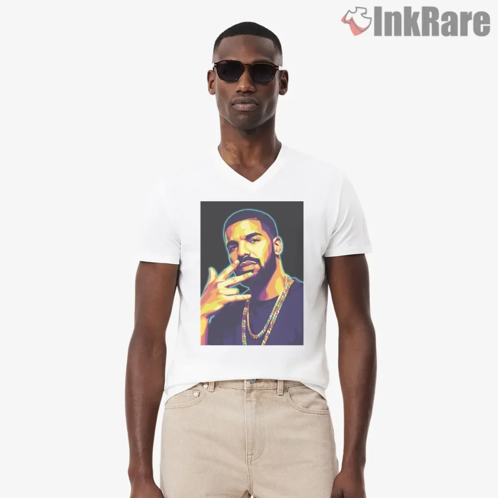 Drake Neon Hand Gesture Portrait Shirt on white v-neck shirt for men graphic tee