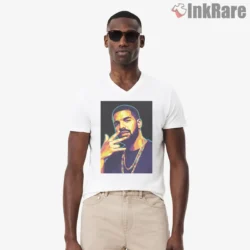 Drake Neon Hand Gesture Portrait Shirt on white v-neck shirt for men graphic tee