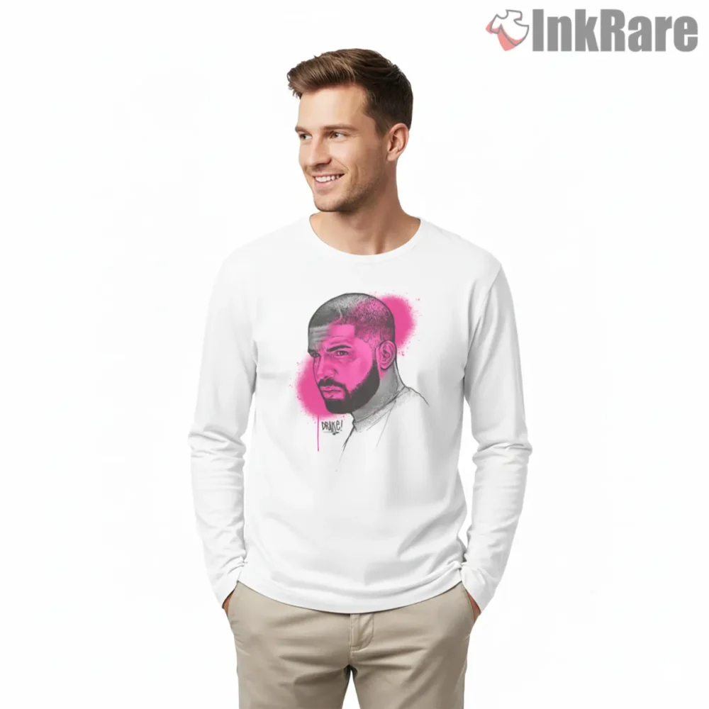 Drake Neon Pink Sketch Portrait Shirt on white long sleeve shirt for men graphic tee