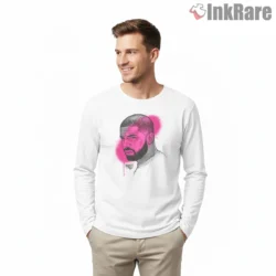 Drake Neon Pink Sketch Portrait Shirt on white long sleeve shirt for men graphic tee