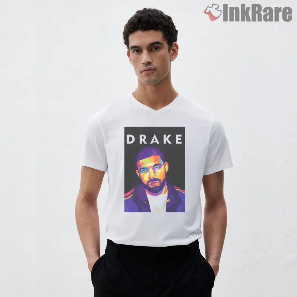 Drake Neon Pop Art Portrait Shirt on white v-neck shirt for men graphic tee