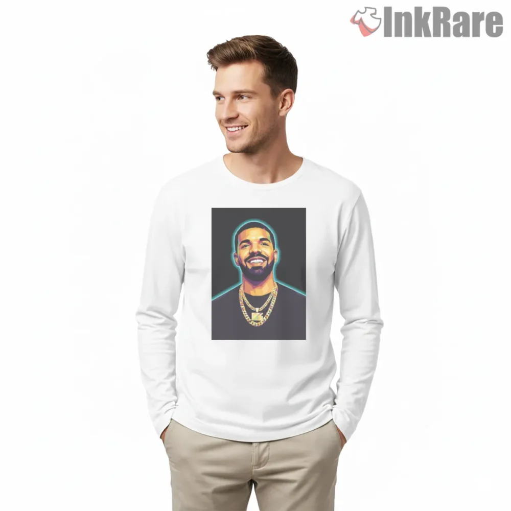 Drake Neon Smile Pop Art Shirt on white long sleeve shirt for men graphic tee