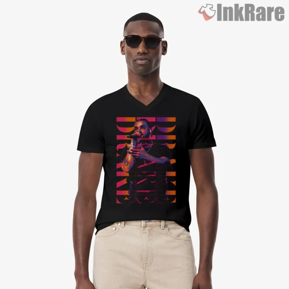 Drake Neon Stage Silhouette Shirt on black v-neck shirt for men graphic tee