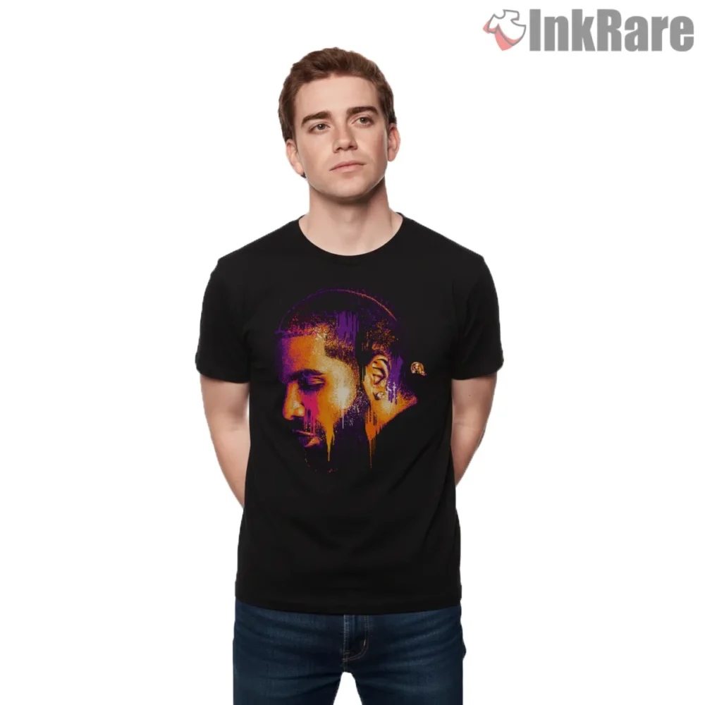 Drake Neon Sunset Side Profile Shirt on black short sleeve shirt for men graphic tee