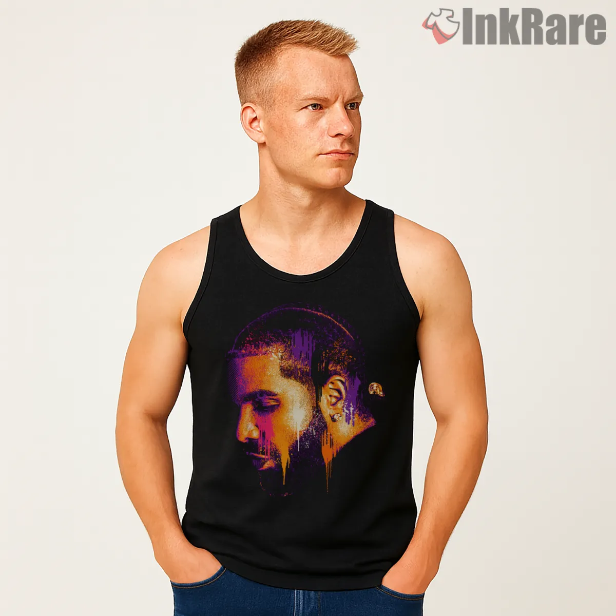 Drake Neon Sunset Side Profile Tank Top Black Drake Neon Sunset Side Profile Shirt on black tank top for men graphic tee