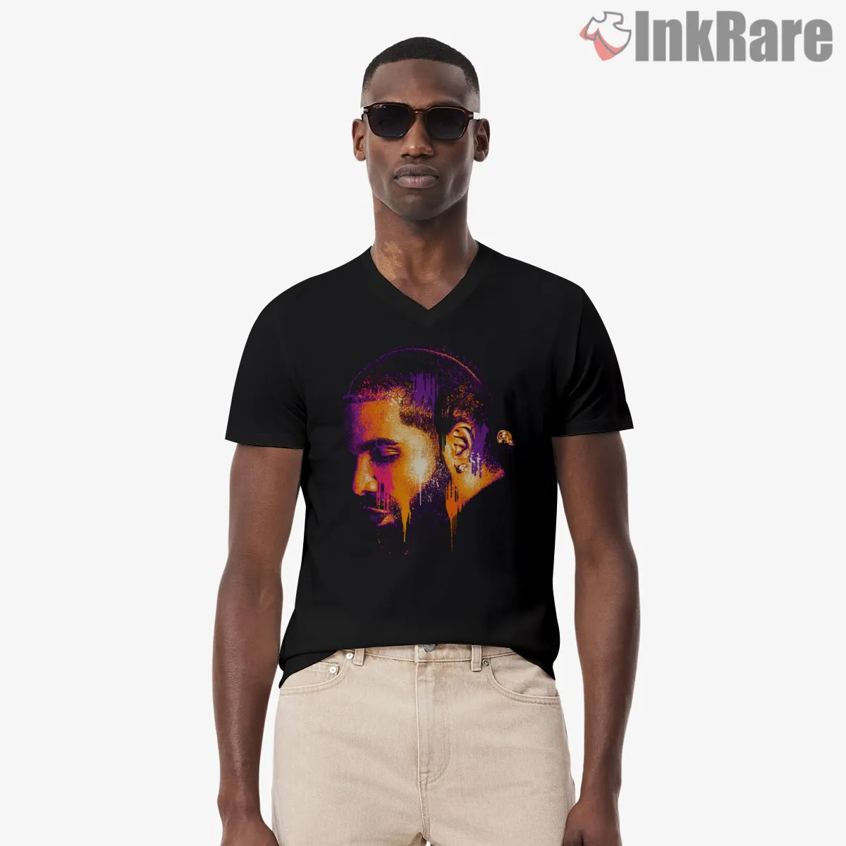 Drake Neon Sunset Side Profile V Neck Black Drake Neon Sunset Side Profile Shirt on black v-neck shirt for men graphic tee
