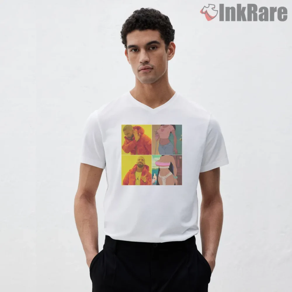 Drake No Yes Viral Meme Parody Shirt on white v-neck shirt for men graphic tee