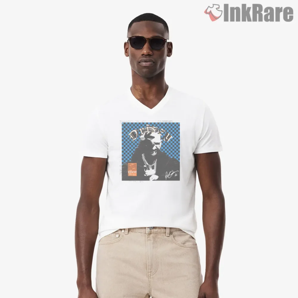 Drake Ovo Checkered Border Poster Shirt on white v-neck shirt for men graphic tee