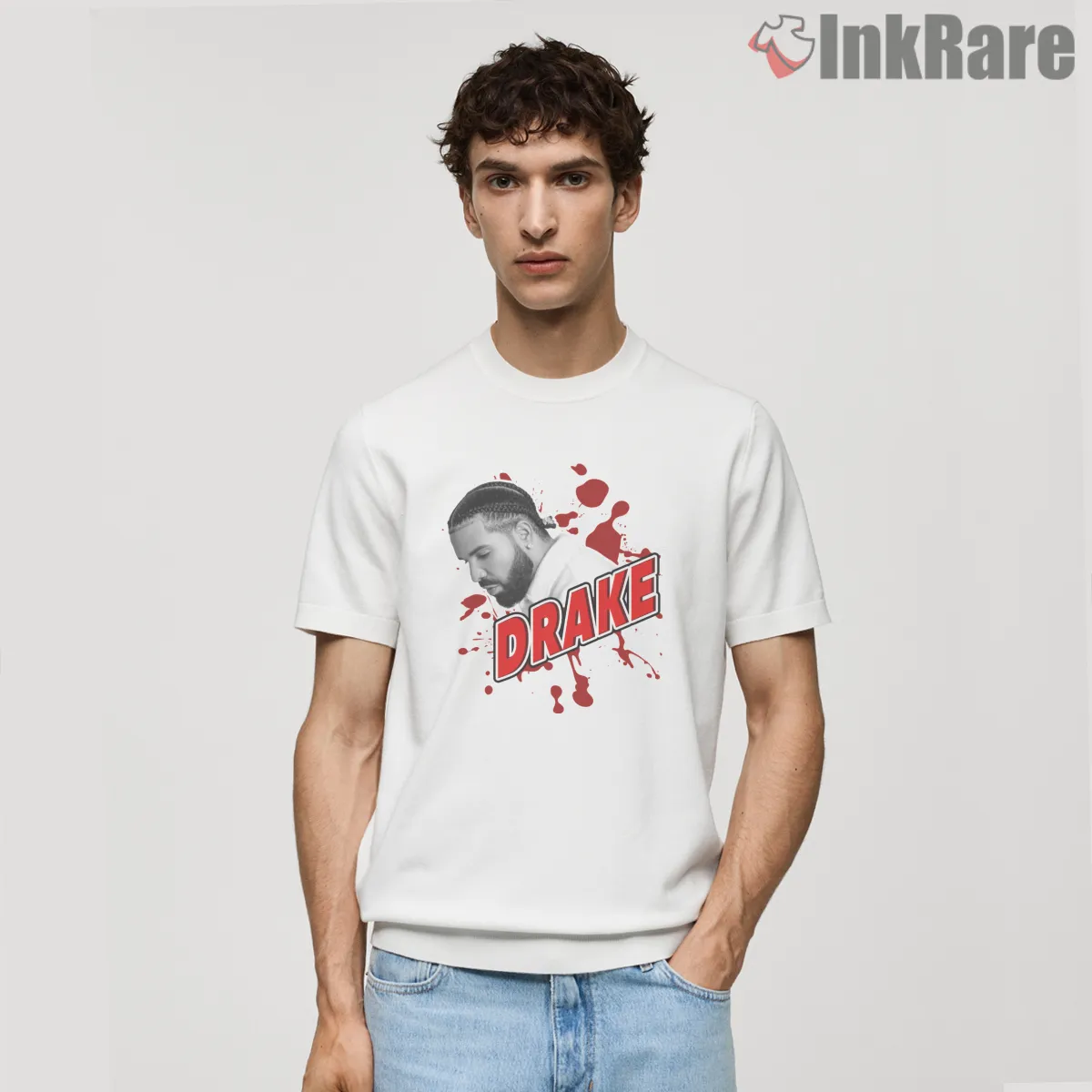Drake Red Splash Logo Portrait Shirt on white short sleeve shirt for men graphic tee